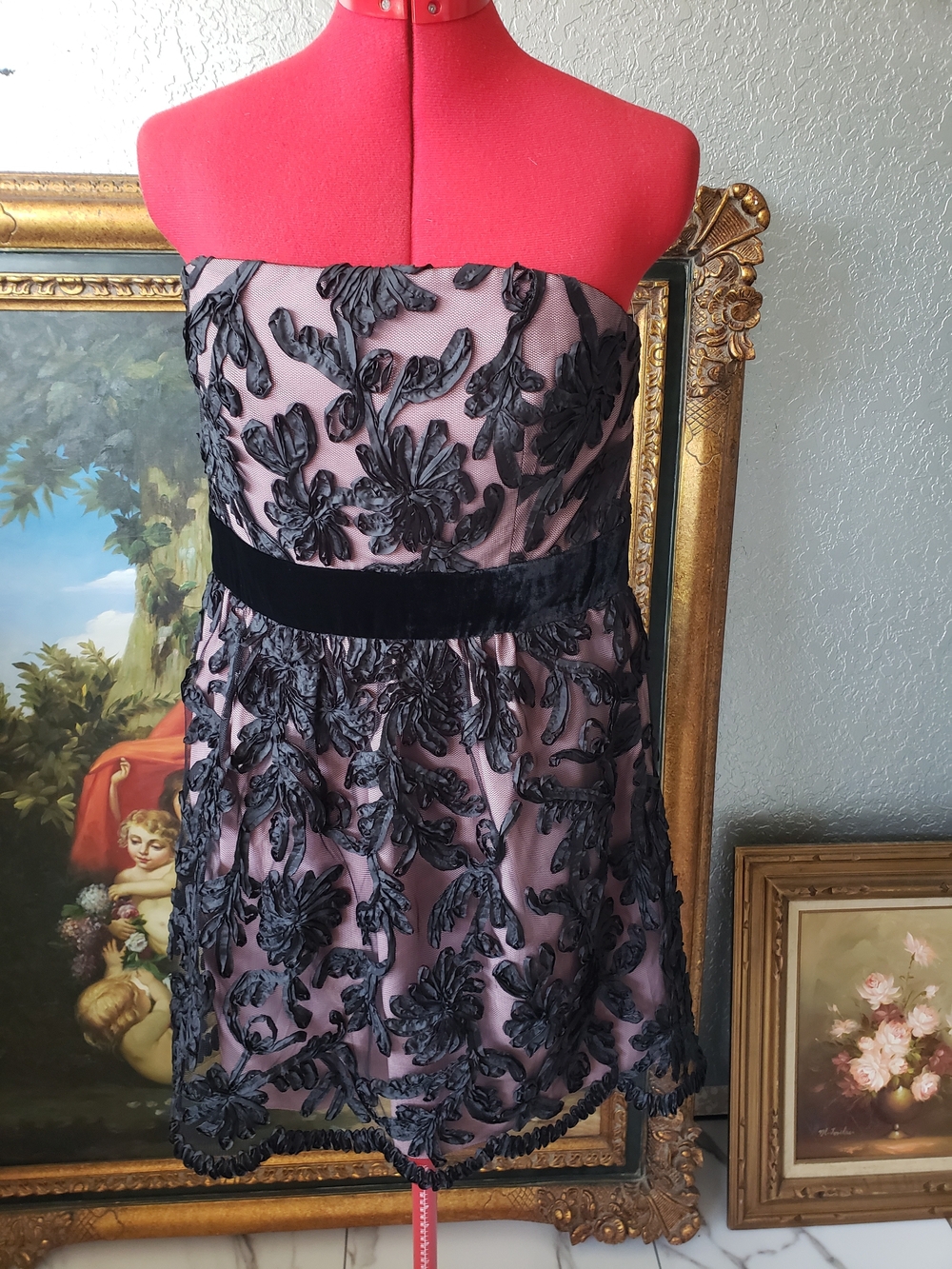 Phoebe Couture Black Appliqué over Mauve Strapless Dress